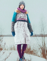 Женское бирюзовое зимнее пальто с мехом (шуба)